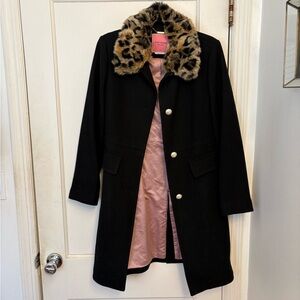 Kate Spade New York Black Leopard-Print Faux-Fur-Collar Coat